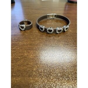 925 Sterling Silver Brown Rubber Bracelet & Ring Set Pavé Heart Rhinestone